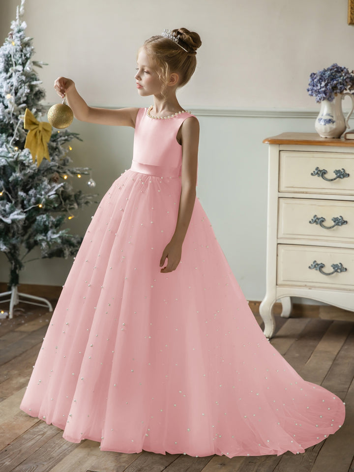Crew Neck Tulle Flower Girl Dresses with Pearls &amp; Satin Bowknot