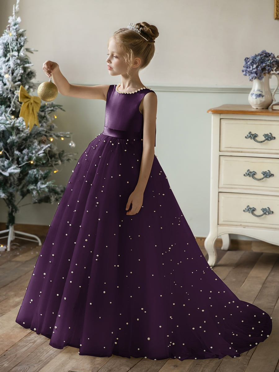 Crew Neck Tulle Flower Girl Dresses with Pearls &amp; Satin Bowknot