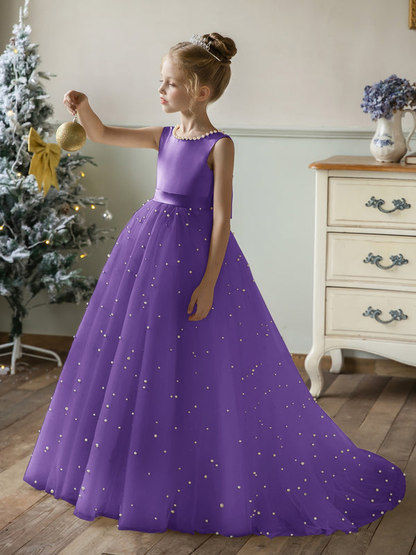 Crew Neck Tulle Flower Girl Dresses with Pearls & Satin Bowknot