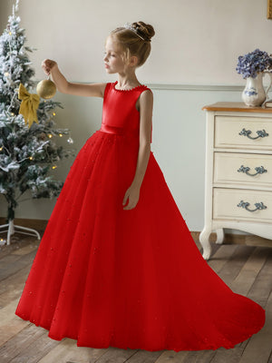 Crew Neck Tulle Flower Girl Dresses with Pearls & Satin Bowknot