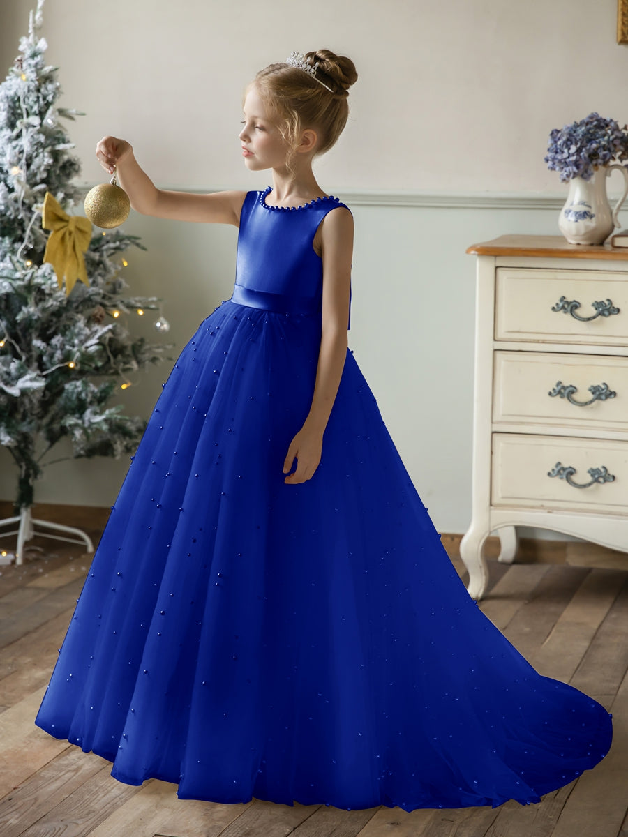 Crew Neck Tulle Flower Girl Dresses with Pearls &amp; Satin Bowknot
