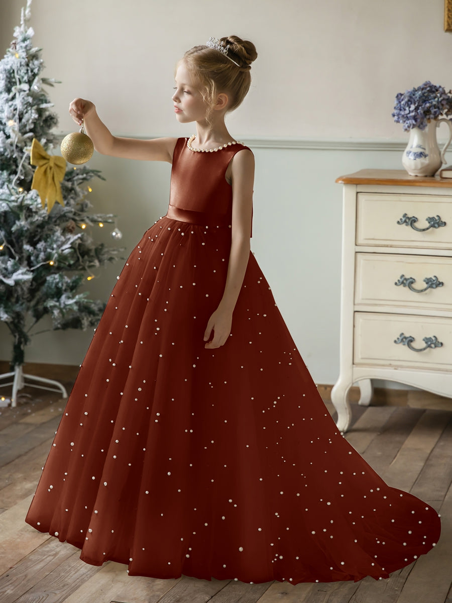 Crew Neck Tulle Flower Girl Dresses with Pearls &amp; Satin Bowknot