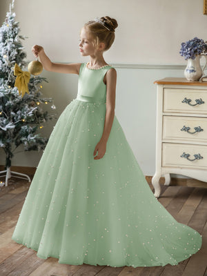 Crew Neck Tulle Flower Girl Dresses with Pearls & Satin Bowknot
