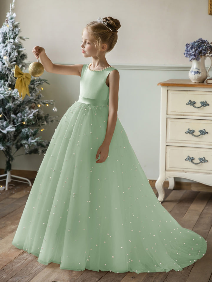 Crew Neck Tulle Flower Girl Dresses with Pearls &amp; Satin Bowknot