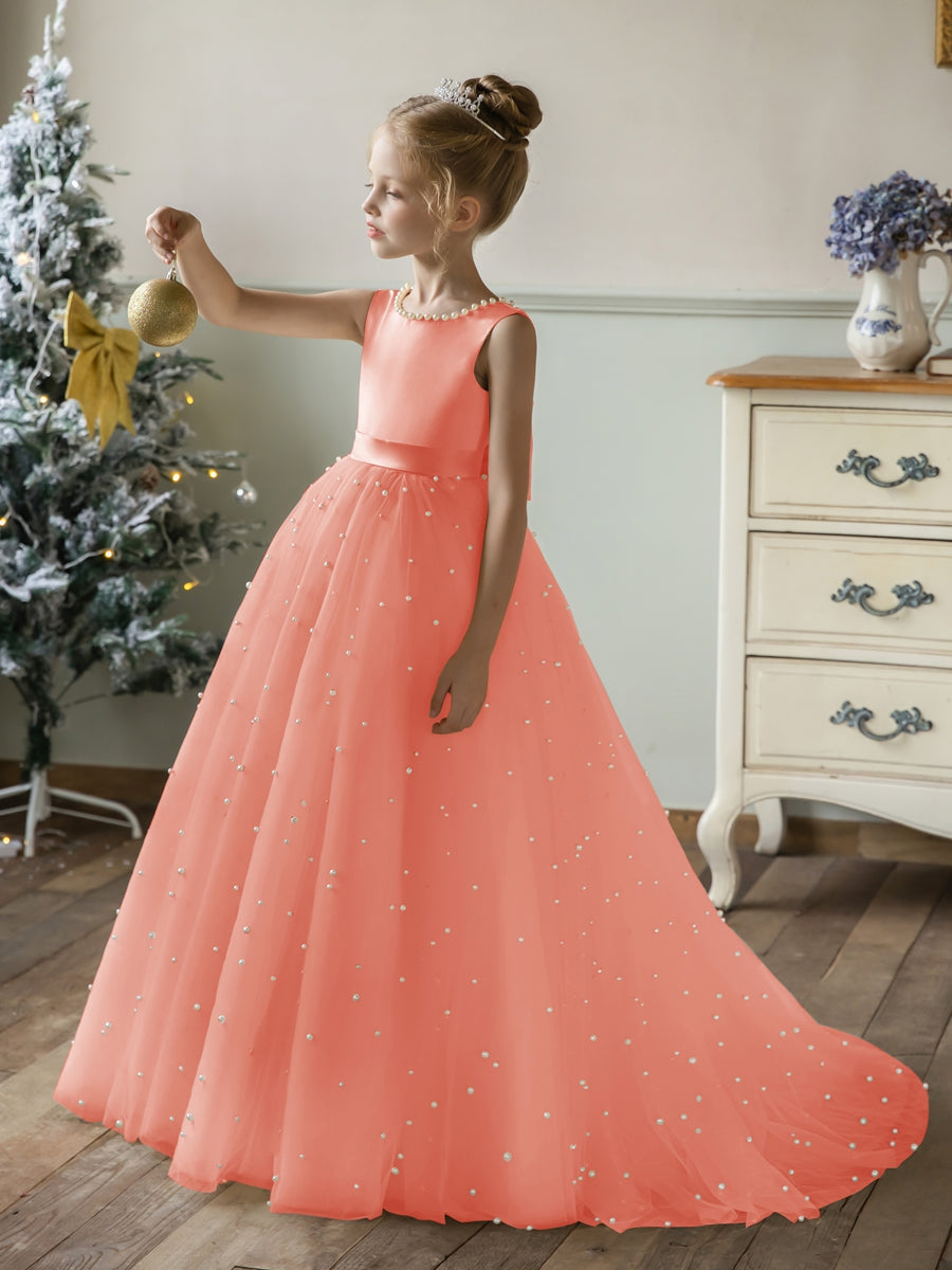 Crew Neck Tulle Flower Girl Dresses with Pearls &amp; Satin Bowknot