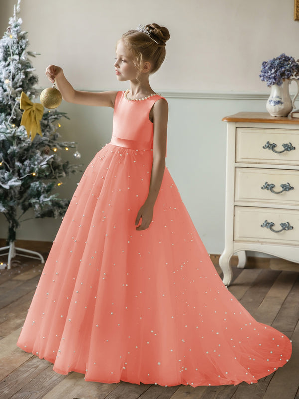 Crew Neck Tulle Flower Girl Dresses with Pearls & Satin Bowknot