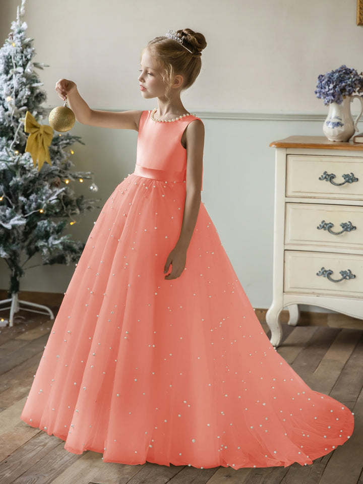 Crew Neck Tulle Flower Girl Dresses with Pearls &amp; Satin Bowknot