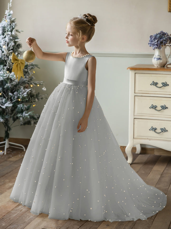 Crew Neck Tulle Flower Girl Dresses with Pearls &amp; Satin Bowknot