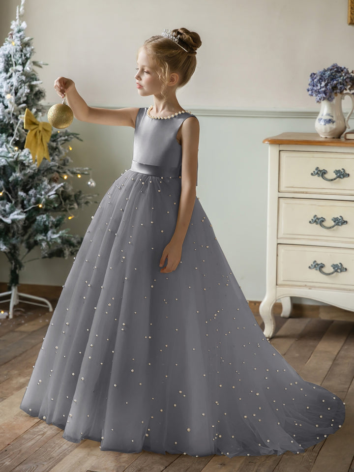 Crew Neck Tulle Flower Girl Dresses with Pearls &amp; Satin Bowknot