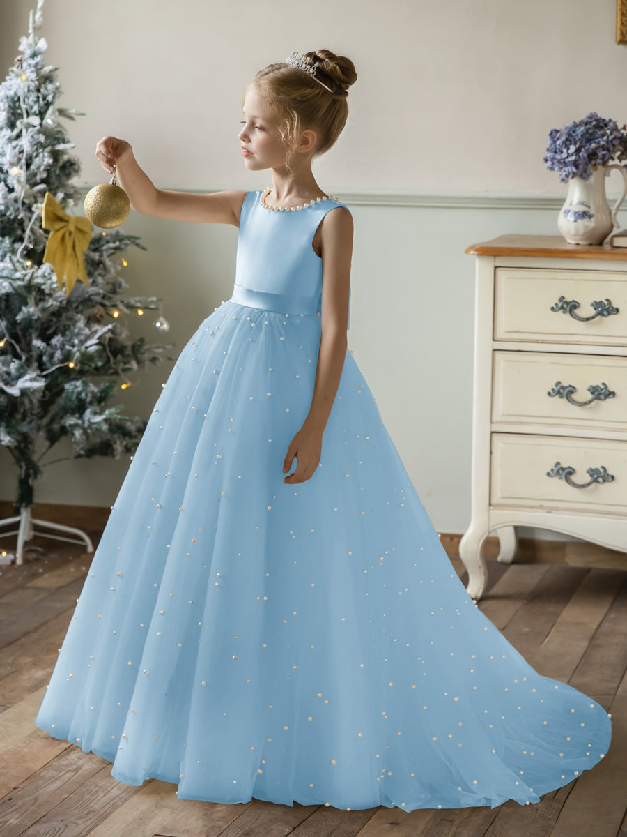 Crew Neck Tulle Flower Girl Dresses with Pearls &amp; Satin Bowknot