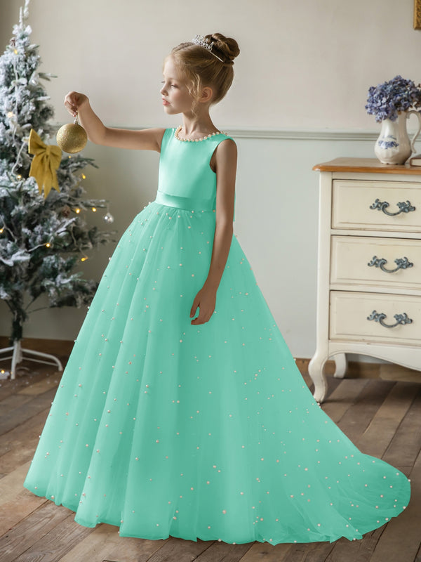 Crew Neck Tulle Flower Girl Dresses with Pearls & Satin Bowknot