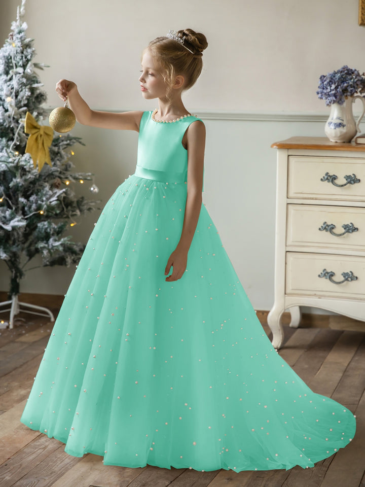 Crew Neck Tulle Flower Girl Dresses with Pearls &amp; Satin Bowknot