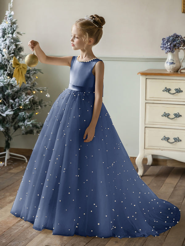 Crew Neck Tulle Flower Girl Dresses with Pearls & Satin Bowknot