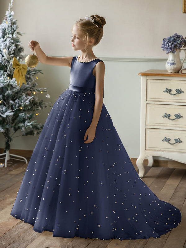 Crew Neck Tulle Flower Girl Dresses with Pearls & Satin Bowknot