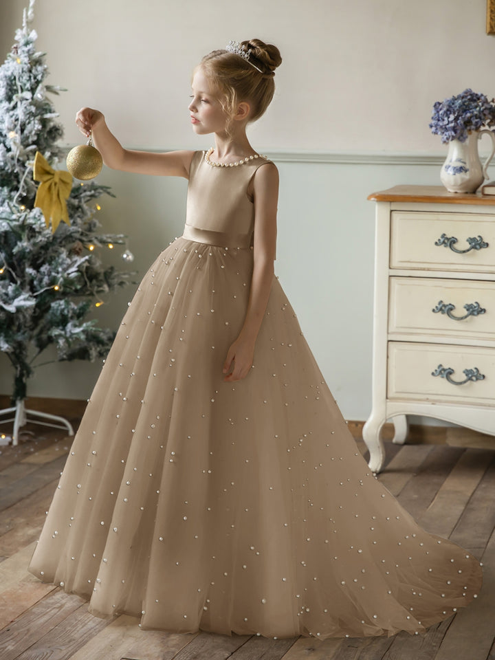 Crew Neck Tulle Flower Girl Dresses with Pearls &amp; Satin Bowknot