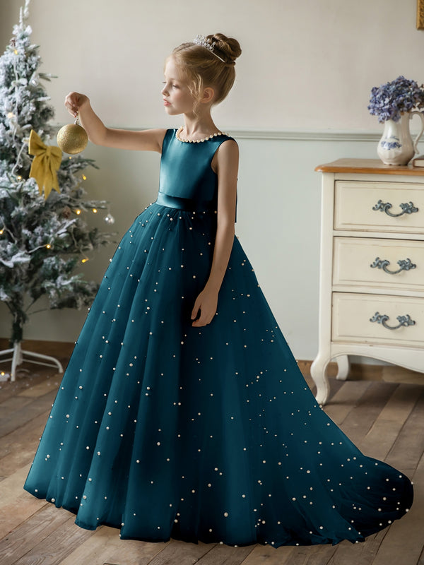 Crew Neck Tulle Flower Girl Dresses with Pearls & Satin Bowknot