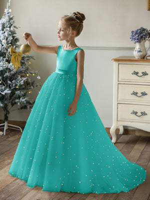 Crew Neck Tulle Flower Girl Dresses with Pearls & Satin Bowknot