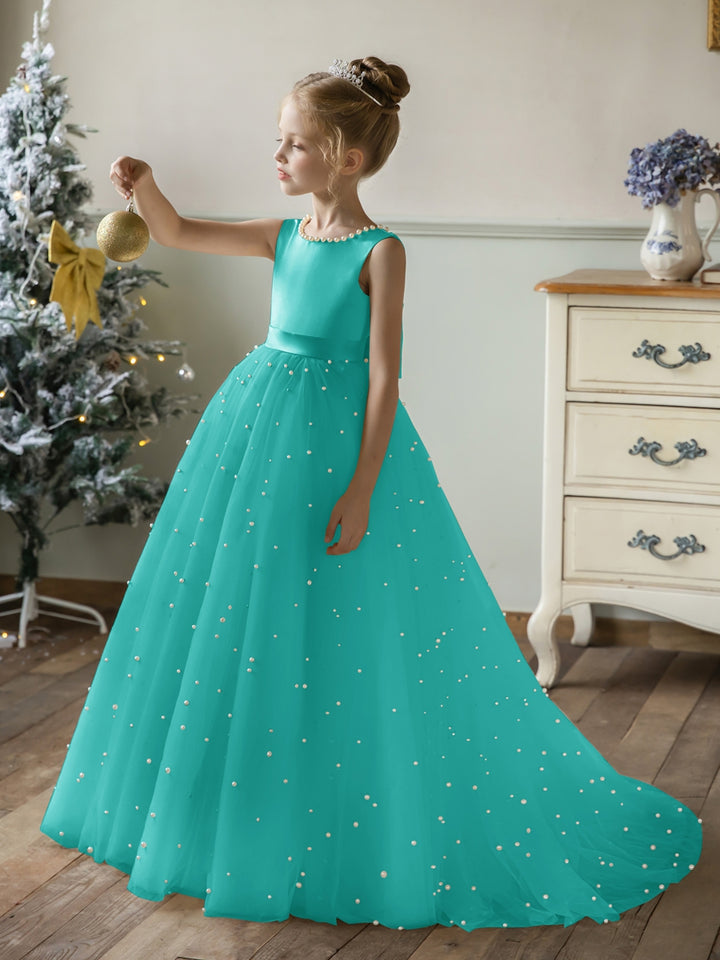 Crew Neck Tulle Flower Girl Dresses with Pearls &amp; Satin Bowknot