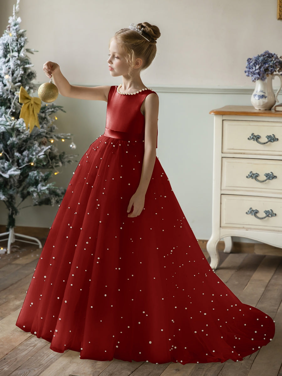 Crew Neck Tulle Flower Girl Dresses with Pearls &amp; Satin Bowknot