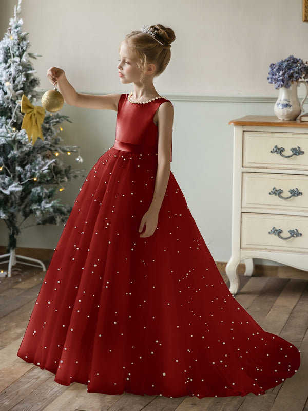 Crew Neck Tulle Flower Girl Dresses with Pearls & Satin Bowknot