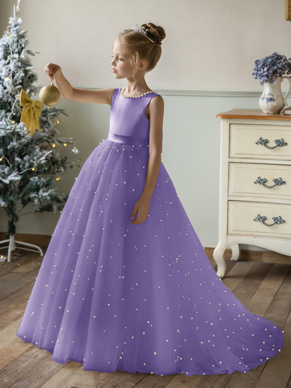 Crew Neck Tulle Flower Girl Dresses with Pearls & Satin Bowknot