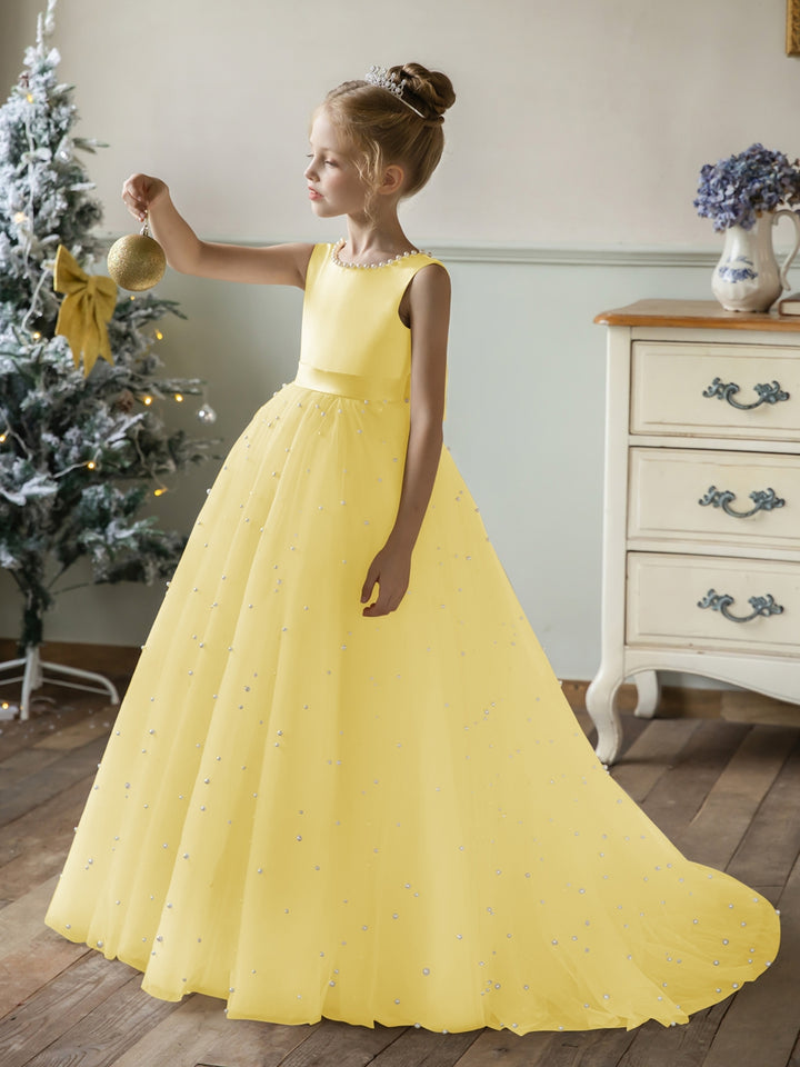 Crew Neck Tulle Flower Girl Dresses with Pearls &amp; Satin Bowknot