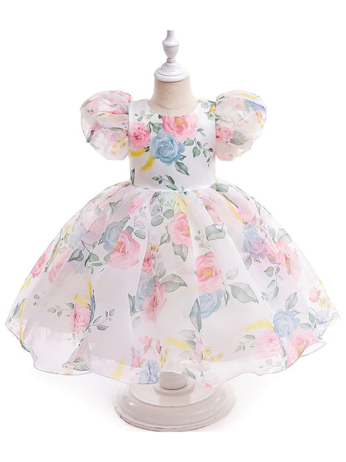 Ball Gown Scoop Short Sleeves Printed Floral Flower Girl Dresses