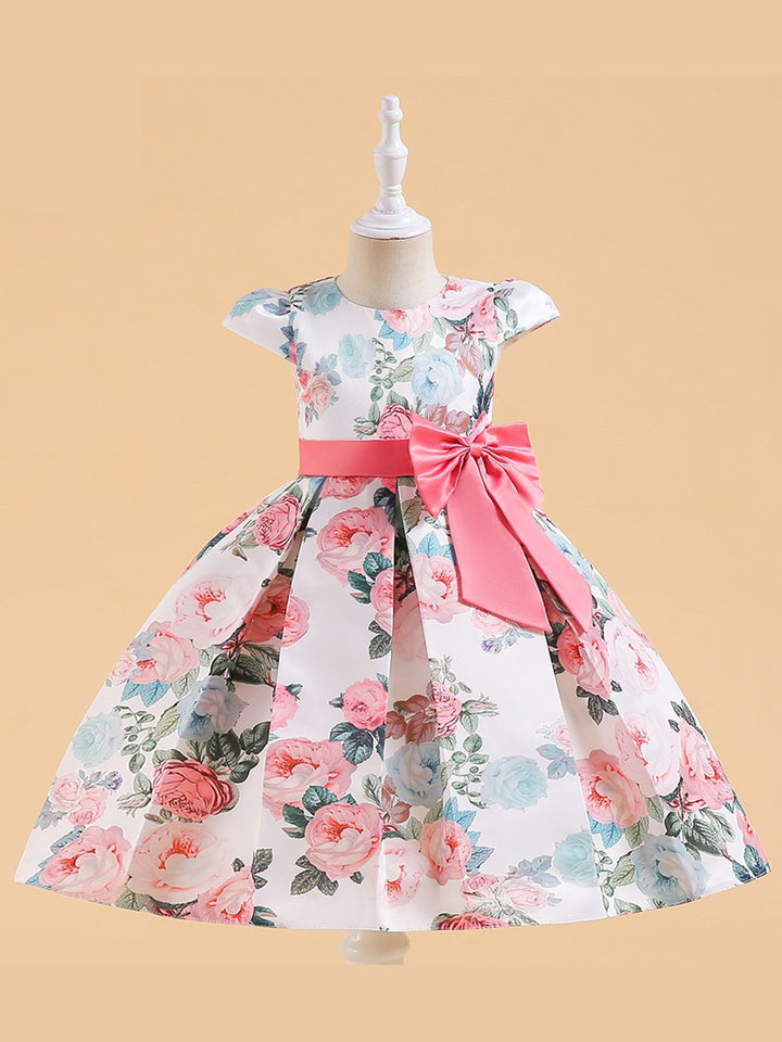 Ball Gown Scoop Sleeveless Satin Pleated Flower Girl Dresses with Printed Flowers &amp; Bow(s)