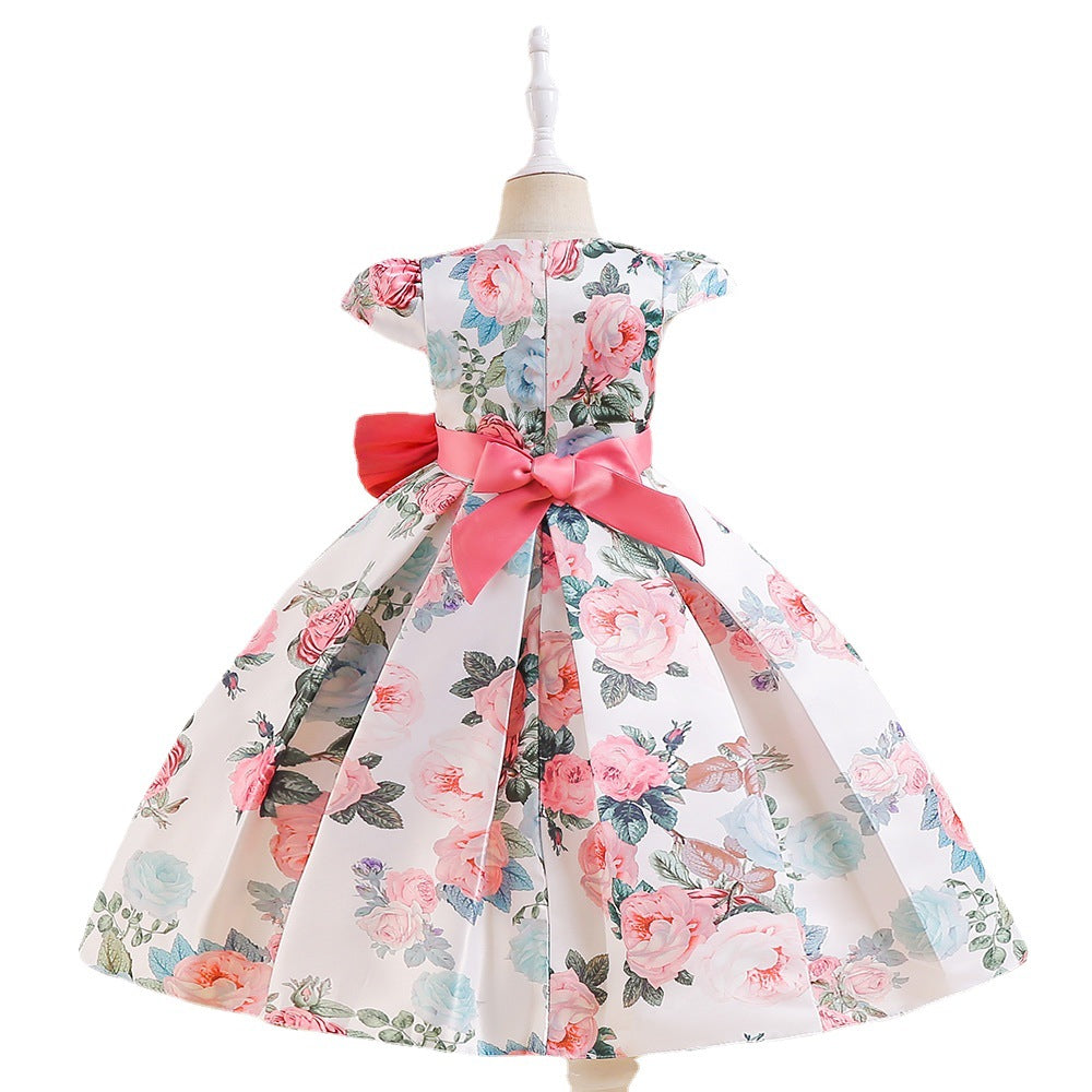 Ball Gown Scoop Sleeveless Satin Pleated Flower Girl Dresses with Printed Flowers &amp; Bow(s)