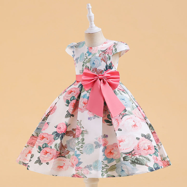 Ball Gown Scoop Sleeveless Satin Pleated Flower Girl Dresses with Printed Flowers &amp; Bow(s)