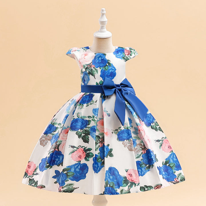Ball Gown Scoop Sleeveless Satin Pleated Flower Girl Dresses with Printed Flowers &amp; Bow(s)
