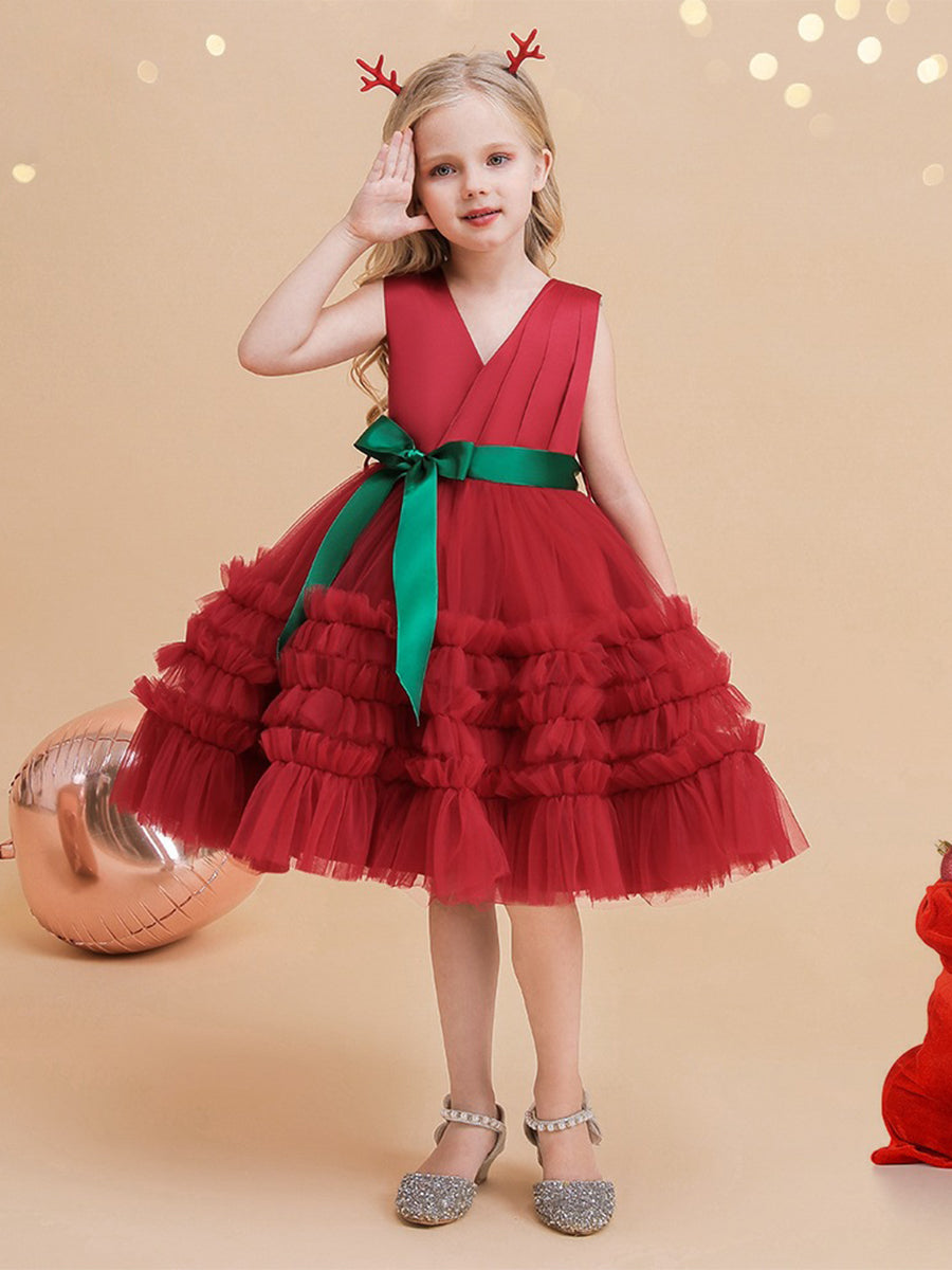 Lavetir Purple Ball Gown V-Neck Sleeveless Knee-Length Ruched Christmas Dresses for Girls 2026