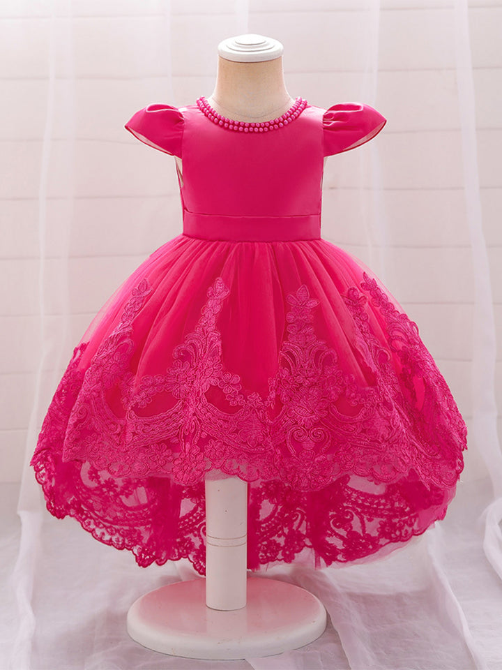 Ball Gown Scoop Short Sleeves Flower Girl Dresses with Appliques &amp; Pearls