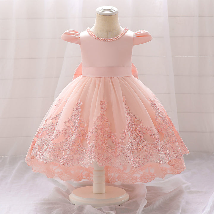 Ball Gown Scoop Short Sleeves Flower Girl Dresses with Appliques &amp; Pearls