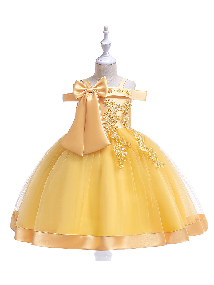 Ball Gown Off-the-Shoulder Sleeveless Flower Girl Dresses with Appliques &amp; Bow Knot