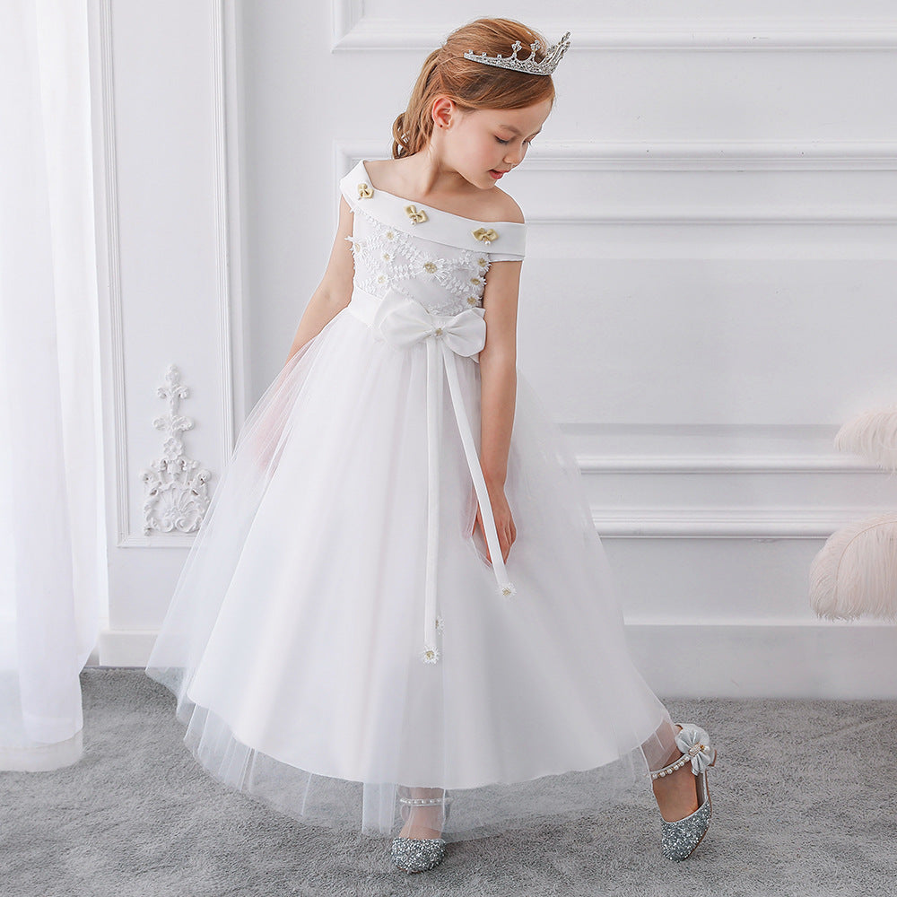 Ball Gown Off-the-Shoulder Short Sleeves Flower Girl Dresses with Bow Knot