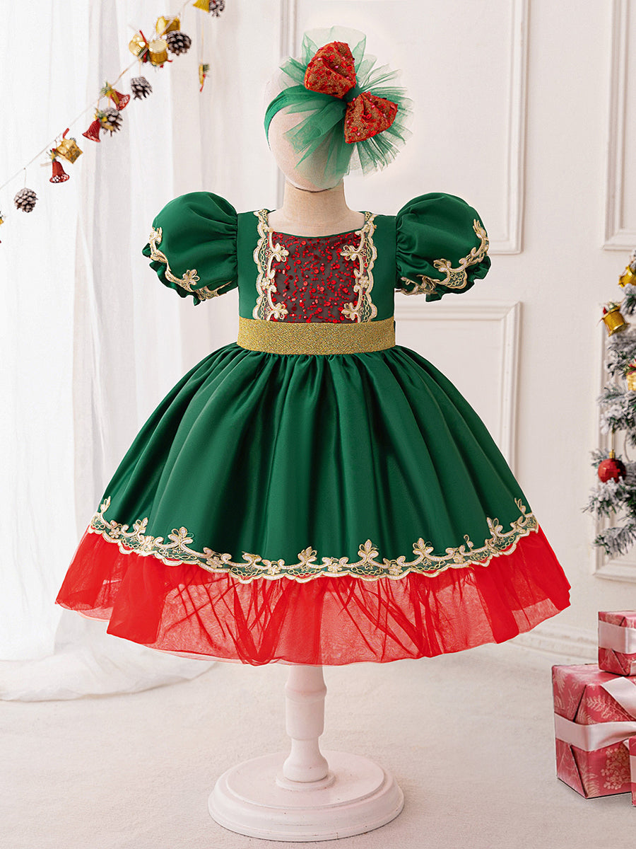 Lavetir Ink Green A-Line/Princess Scoop Puff Sleeves Christmas Dresses for Girls 2026