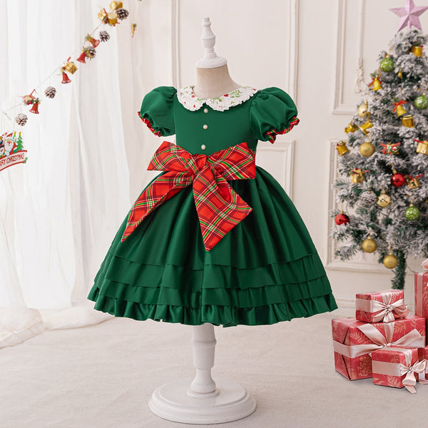 A-Line/Princess Scoop Puff Sleeves Tiered Christmas Dresses for Girls