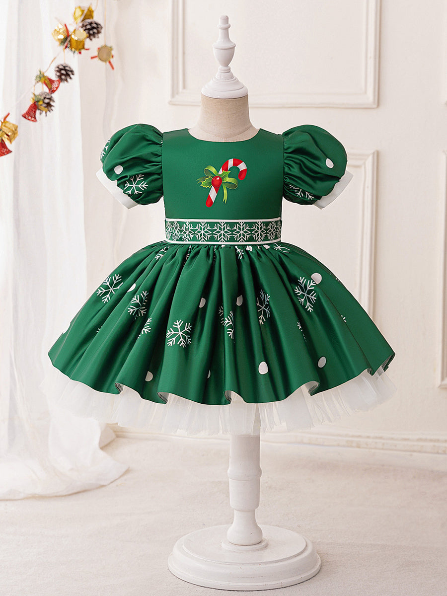 Lavetir Ink Green A-Line/Princess Scoop Puff Sleeves Pleated Christmas Dresses for Girls 2026