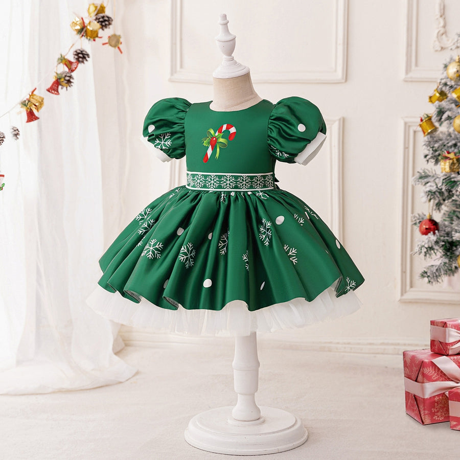 A-Line/Princess Scoop Puff Sleeves Pleated Christmas Dresses for Girls