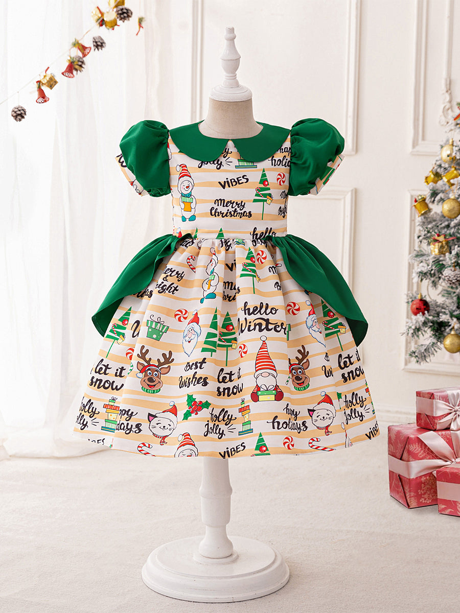 Lavetir Ink Green A-Line/Princess Scoop Puff Sleeves Ruched Christmas Dresses for Girls 2026