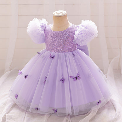 Ball Gown Scoop Puff Sleeves Flower Girl Dresses with Sequins