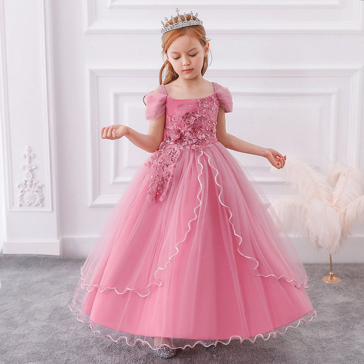 Ball Gown Cold Shoulder Short Sleeves Flower Girl Dresses with Beading