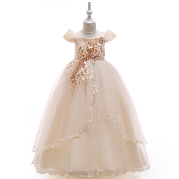 Ball Gown Cold Shoulder Short Sleeves Flower Girl Dresses with Beading