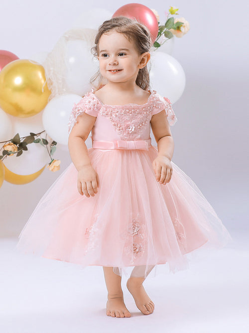 short sleeve flower girl dress Short Ruffle Sleeves Beaded Flower Girl Dress