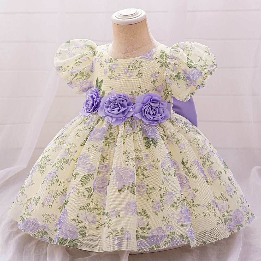 Ball Gown Scoop Puff Sleeves Flower Girl Dresses with Solid Flowers