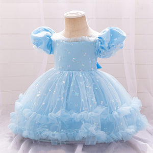 Ball Gown Scoop Puff Sleeves Tiered Flower Girl Dresses