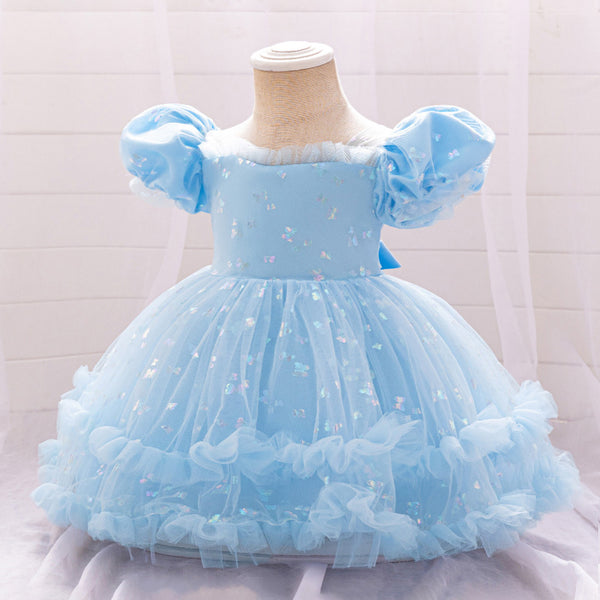 Ball Gown Scoop Puff Sleeves Tiered Flower Girl Dresses