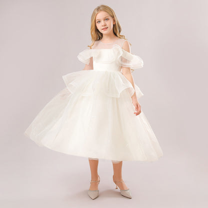 Ball Gown Cold Shoulder Short Sleeves Ruffles Flower Girl Dresses