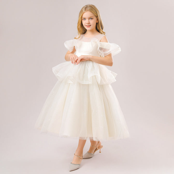 Ball Gown Cold Shoulder Short Sleeves Ruffles Flower Girl Dresses